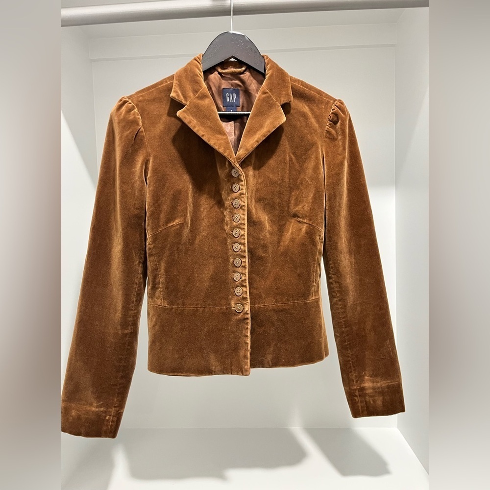 Gap Vintage Velour Tailored Look Full Button Blazer Brown Peplum back size 8 Y2K